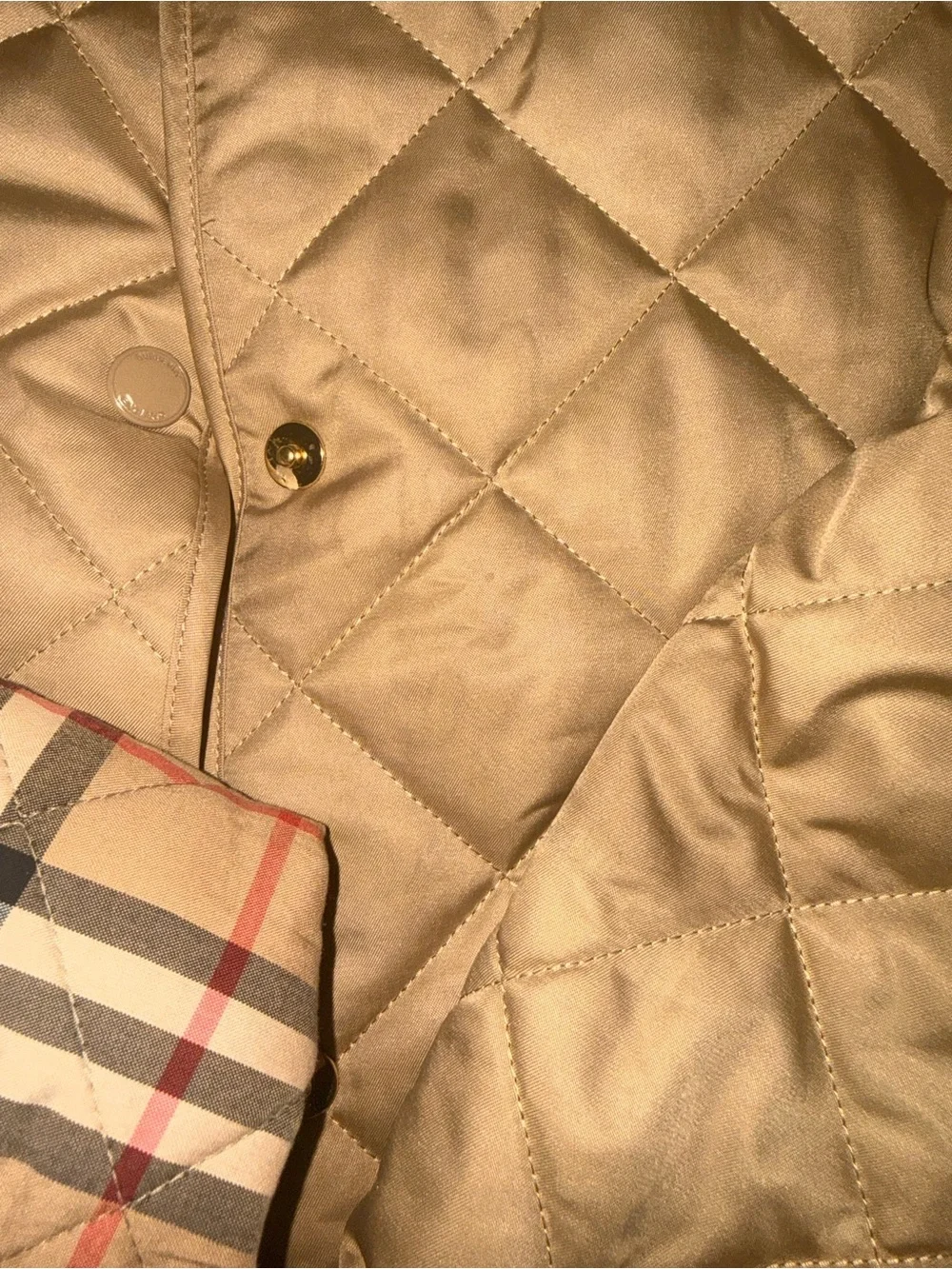 Burberry Tan Quilted Puffer Jacket with Red Corduroy Collar